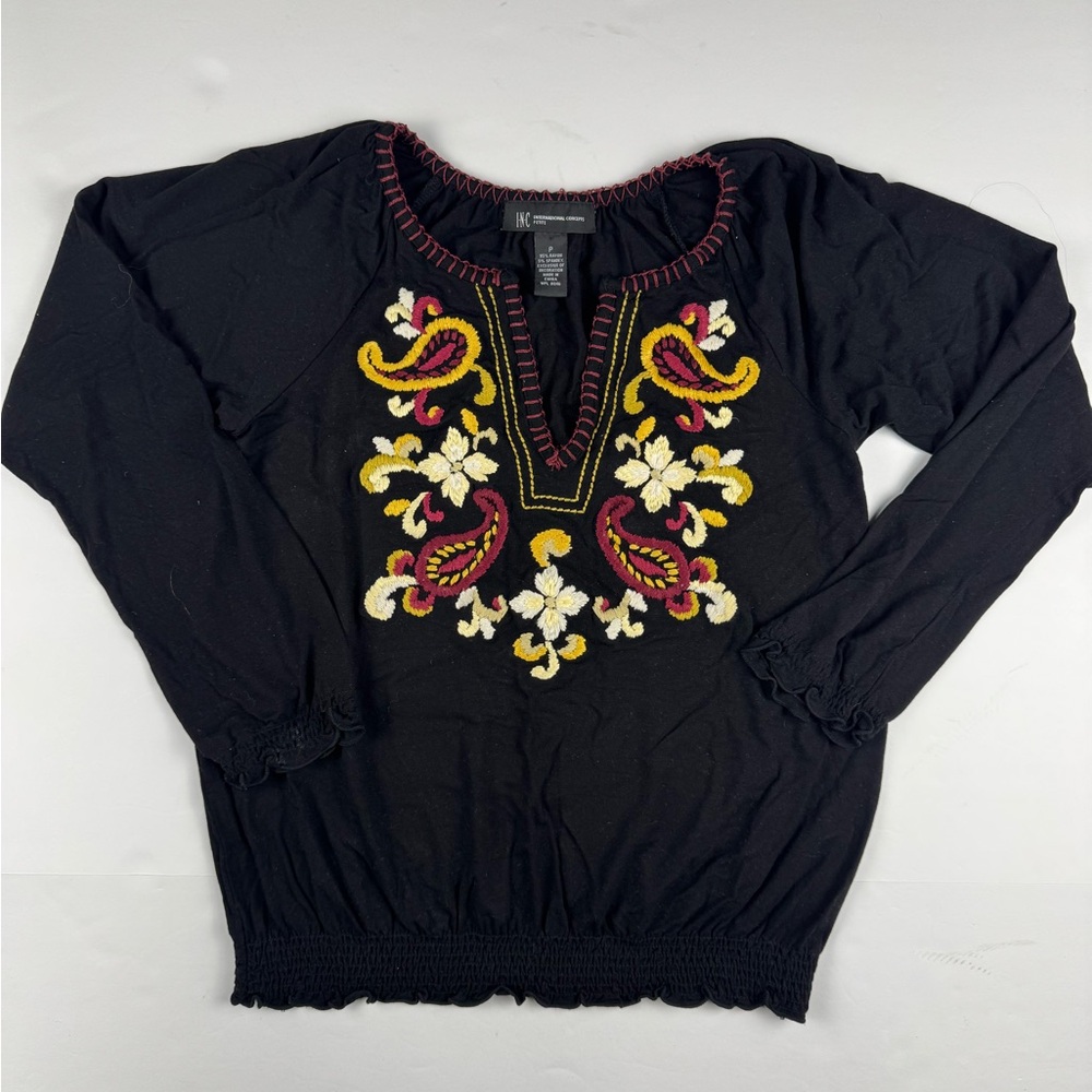 Black long sleeve Boho Top with Pink & Yellow Embroidery size small p